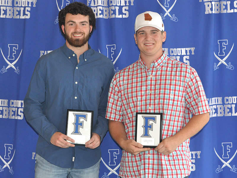 Sawyer Moreland, left, and Chance Stacy were awarded the Family Award at the Rebels baseball banquet Monday, May 17.