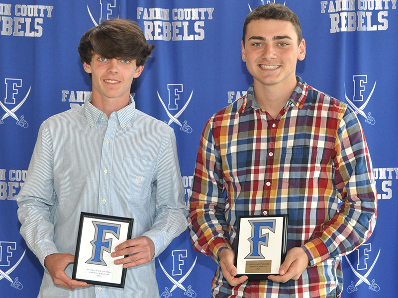 Christian Beavers, left, and Connor Martin were given the Future Diamond Rebel Award at the Rebels’ baseball banquet Monday, May 17. The award signifies someone who will be a key part of the team in the future.