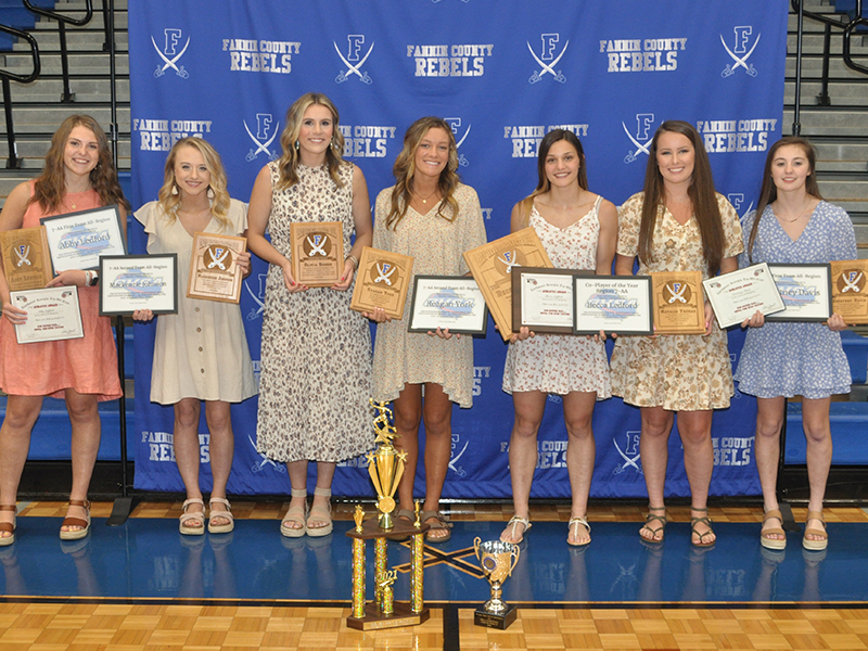The Fannin County Lady Rebels basketball team held their end-of-season banquet Monday, May 3. Individual award winners shown are, from left, Abby Ledford, Mackenzie Johnson, Olivia Sisson, Reagan York, Becca Ledford, Natalie Thomas and Courtney Davis.