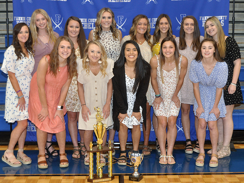 The Fannin County Lady Rebels basketball team celebrated a successful season Monday, May 3, at the end-of-season banquet. The Lady Rebels finished 2020-'21 as region champions and runner-ups in the state championship. Shown with the region championship and state runner-up trophies are, from left, front, Abby Ledford, Mackenzie Johnson, Prisila Bautista, Becca Ledford and Courtney Davis; and back Jenna Young, Ava Queen, Natalie Thomas, Olivia Sisson, Reagan York, Reigan O’Neal, Riley Reeves and Paige Foresma