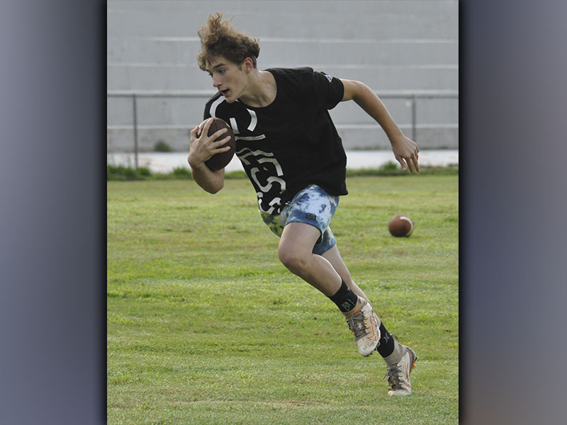 Caden Williams hauls in a catch during Copper Basin’s football practice Thursday, June 10.