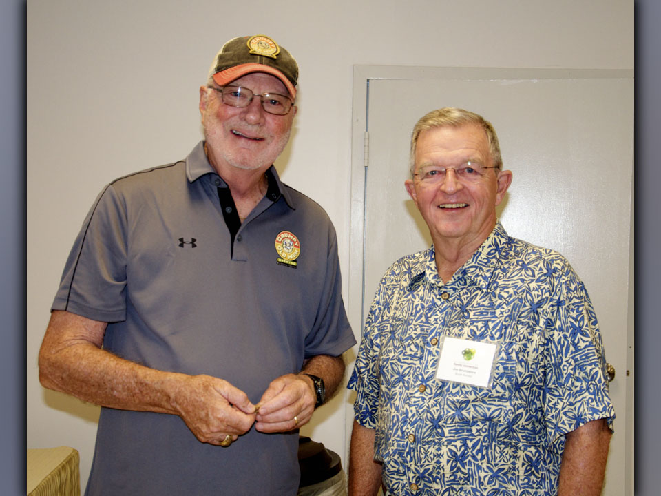 Dale Greene with the Marine Corp League Detachment #1438, left, and Fannin County Family Connection Board of Directors member Jim Brumbelow keep each other company.