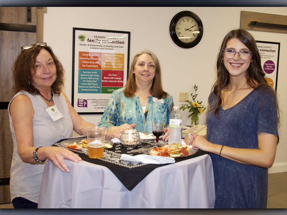 Fannin County Family Connection Board of Directors member Renee Lunney, Family Connection Administrative Assistant Mandy Hyde and family connection intern Jacqueline McKee take it easy at Fannin County Chamber of Commerce’s Business After Hours Thursday, July 22.