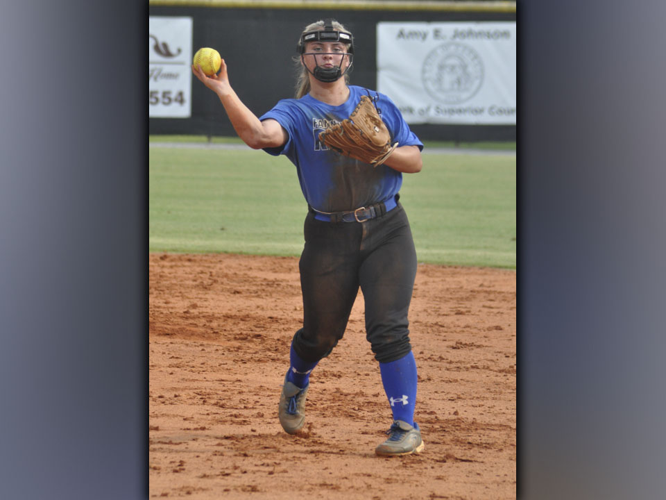 Zoe Putnam throws a runner out in recent action for the Lady Rebel softball team. Putnam had a  solid game in Fannin’s win against Towns County Thursday, August 12.