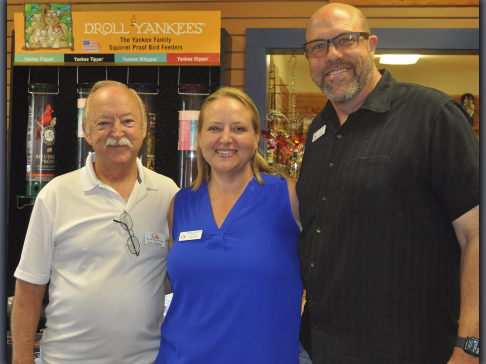 The Fannin County Chamber of Commerce held their Business After Hours event Tuesday, August 24, at the Blue Ridge Bird Seed Company. Shown are store owners, from left, father, Lou Davis; daughter, Jamie Davis; and chamber ambassador Troy “Luke” Shirbroun.  