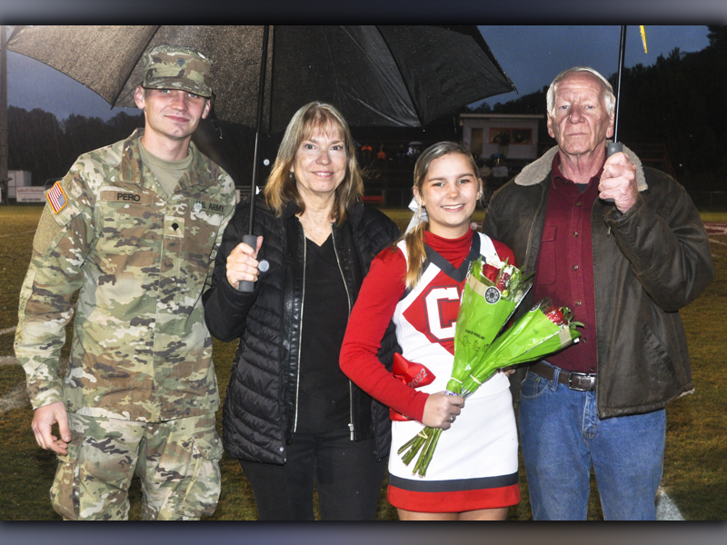 Cheerleading senior Skyler Pero was recognized during Copper Basin’s senior night ceremony Friday, October 29. Shown during the ceremony are, from left, Gage Pero, brother; Patti Pero, mother; senior Pero and Mike Pero, father.