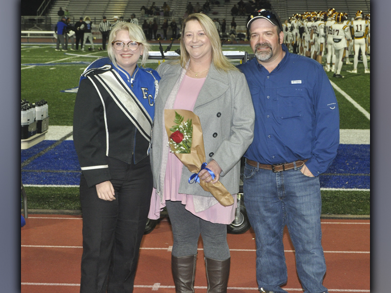 Fannin County High School band senior Chloe Duerfeldt was recognized along with the other band seniors Friday, November 5, at Fannin’s last home football game of the regular season. Duerfeldt is shown with Rebecca Ward and Joe DiPietro.