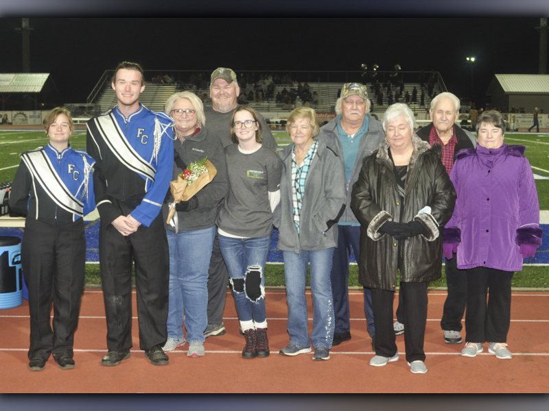 Fannin County High School band senior Will Watkins was recognized along with the other band seniors Friday, November 5, at Fannin’s last home football game of the regular season. Among well wishers include, from left, Kara Blake, senior Will Watkins, Renee Watkins, Mike Watkins, Babara Watkins, Ernest Watkins, Lola Farmer, Charlie Farmer and Michelle Farmer.