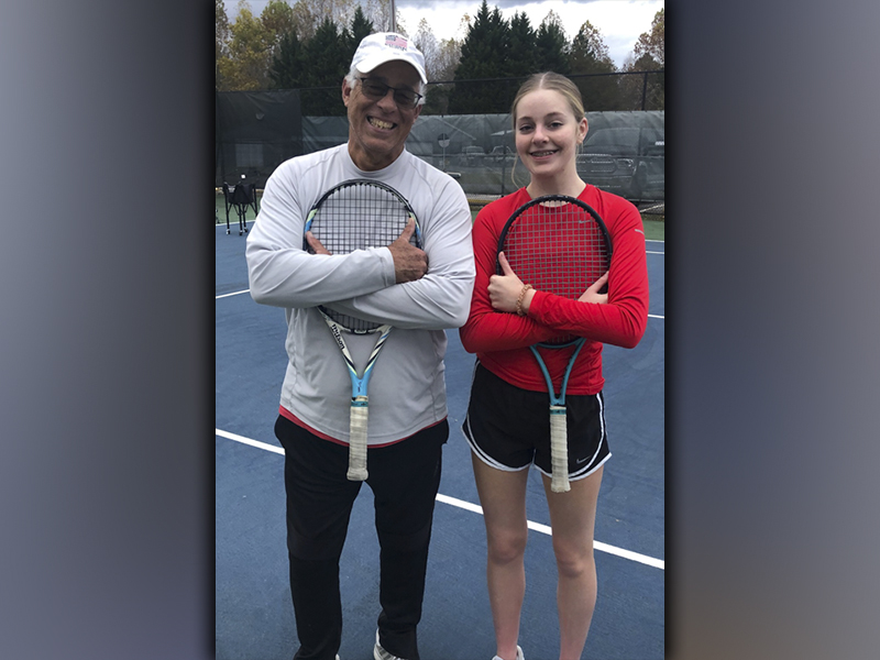 Mel Locklear and Anna Beth Minear are all smiles after a day of tennis practice in the Blue Ridge City Park. 