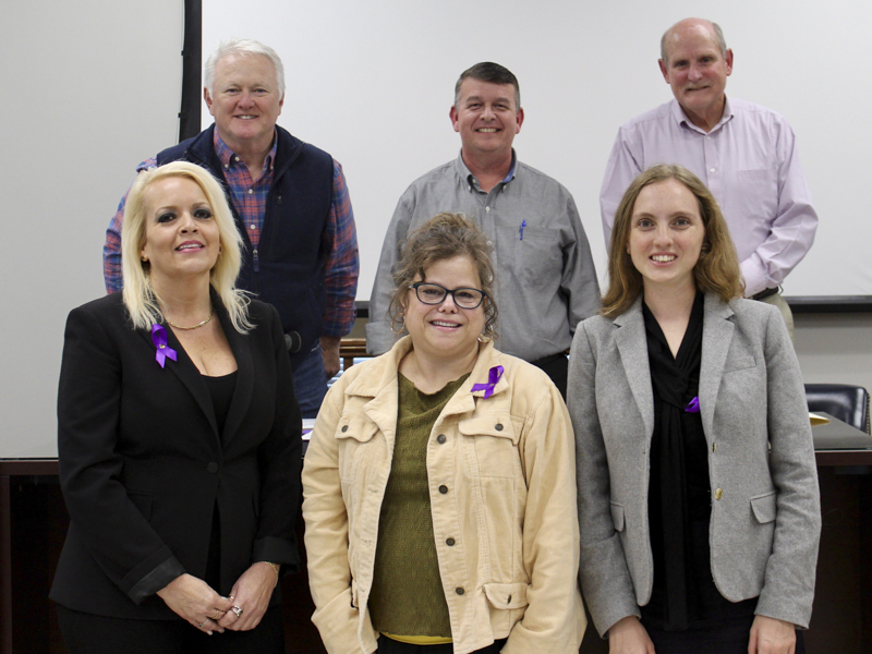 Fannin County Board of Commissioners proclaimed October as Domestic Violence Awareness month in Fannin County and urged citizens to support the North Georgia Mountain Crisis Network (NGMCN) in their efforts to end domestic violence. Shown are, from left, front row, NGMCN Board Member Michelle Swim, NGMCN Executive Director Kimberly O’Neal. NGMCN Legal Advocate Kellan Monroe; and back row, Post One Commissioner Johnny Scearce, board Chairman Jamie Hensley and Post Two Commissioner Glenn Patterson.