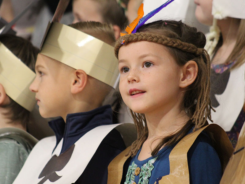 East Fannin Elementary School kindergarten classes performed a Thanksgiving skit for their parents Tuesday, November 16. Shown are, Lawson Grant as a pilgrim and Oakley Helton as a Native American.