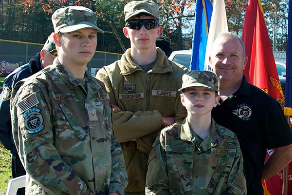 Members of Mountain Area Christian Academy’s JrROTC helped present the colors during the Veterans Day Ceremony. Those that helped are, from left, Wesley Tanner, Benjamin Kyle Bargeron, Keegan Deeds and JrROTC Senior Master Sergeant Retired Harold Bargeron.