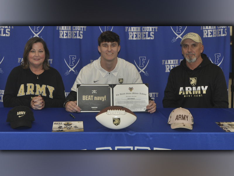 Fannin County High School senior Seth Reece furthered his academic and athletic career Wednesday, December 15, when he signed with the United States Military Academy at West Point. Reece was celebrated by family and friends during the ceremony and is shown with his parents Karen and Greg Reece.