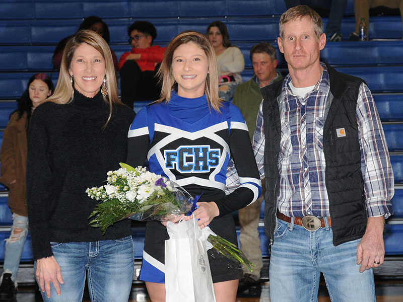 A varsity cheerleader for three years, Kiersten Queen was honored on Senior Night Friday, January 7, at the Fannin County High School gym. She was escorted by Chris and April Queen.