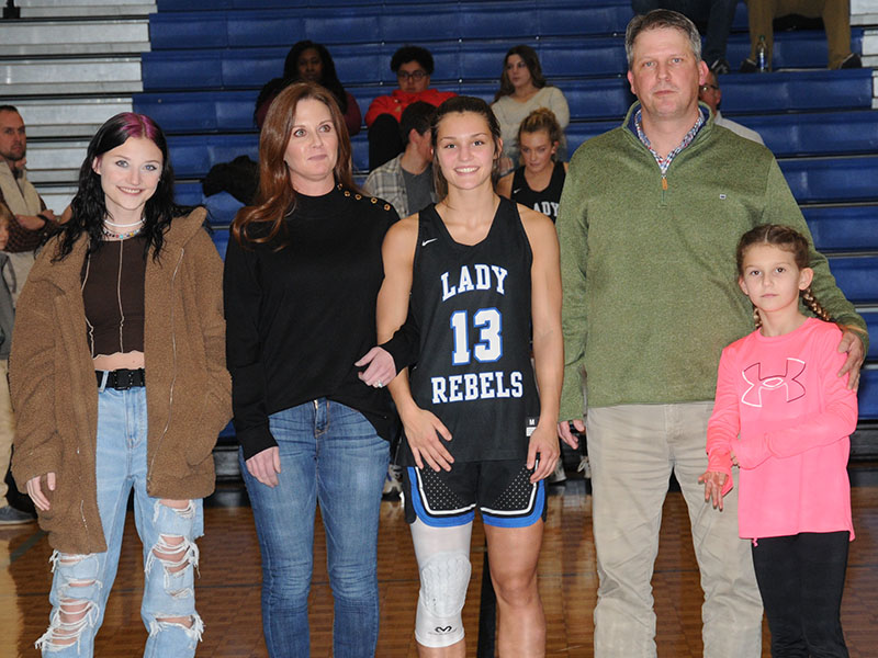 Fannin County Lady Rebel Becca Ledford, a four-year player on the Lady Rebels varsity, was honored during Senior Night Friday, January 7, at Fannin County High School. She was escorted by her parents, Cami and Philip Ledford, and her sisters, Reagan, far left, and Lennon.