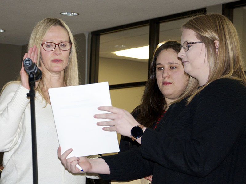 New Blue Ridge Councilwoman Angie Arp, left, was sworn into office during the council’s first meeting Tuesday, January 18. She is shown with daughter Whitney Arp Mayer, middle, and City Clerk Amy Mintz.