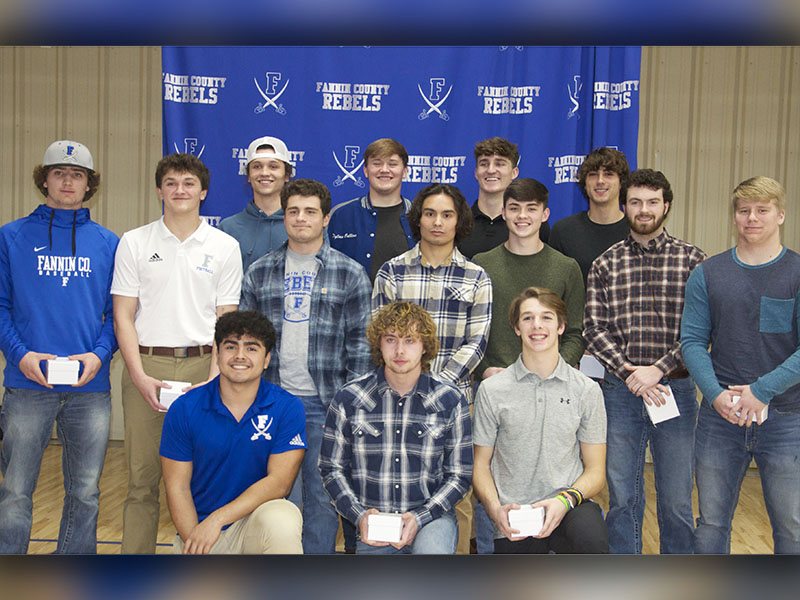 Seniors of the Fannin County High School 2021-22 football team are shown during their end-of-the-year banquet, from left, front, Ricardo Arellanes, Jackson Davis, Carter Mann; middle, Jason Pearson, Isaac Davis, Chris Gaitonoglou, Austin Garland, Easton Chancey, Sawyer Moreland, Scott Pulliam; and, back, Cason Owensby, Dylan Collins, Seth Reece and Hayden Lynch.