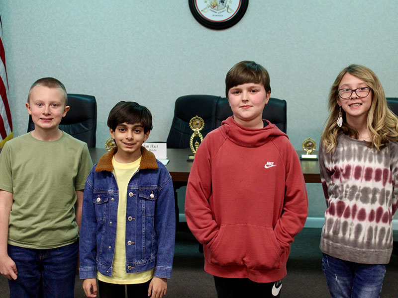 Winners from each Fannin County schools’ Spelling Bee, excluding the high school, competed at the Fannin County School System’s Spelling Bee Tuesday, January 25, at the Fannin County Board of Education office. Shown are, from left, Dylan Hart representing Fannin County Middle School, Hashim Usman representing Blue Ridge Elementary School, Owen Thomas representing West Fannin Elementary School and Danica Nicholson representing East Fannin Elementary School. 