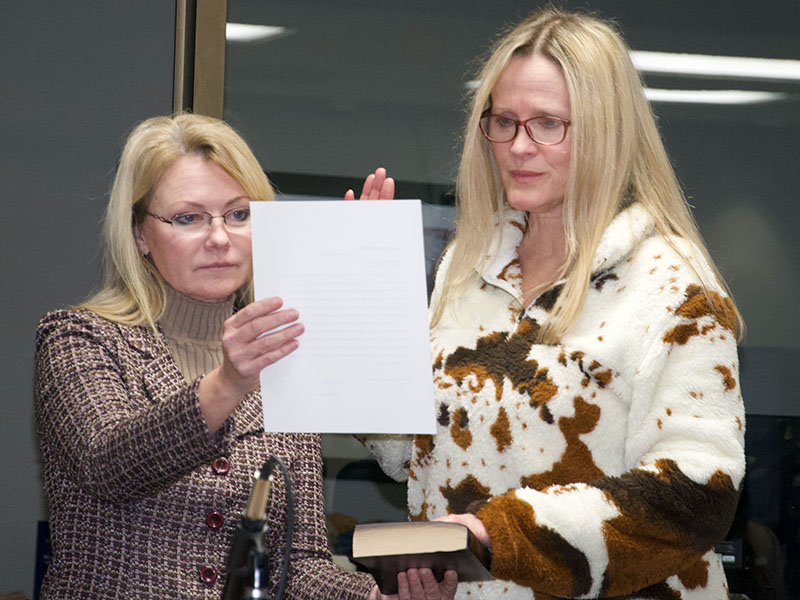 Blue Ridge Councilwoman Angie Arp, right, is shown taking her Oath of Office onto the downtown development authority after being appointed by the council. She is shown with Mayor Rhonda Haight.