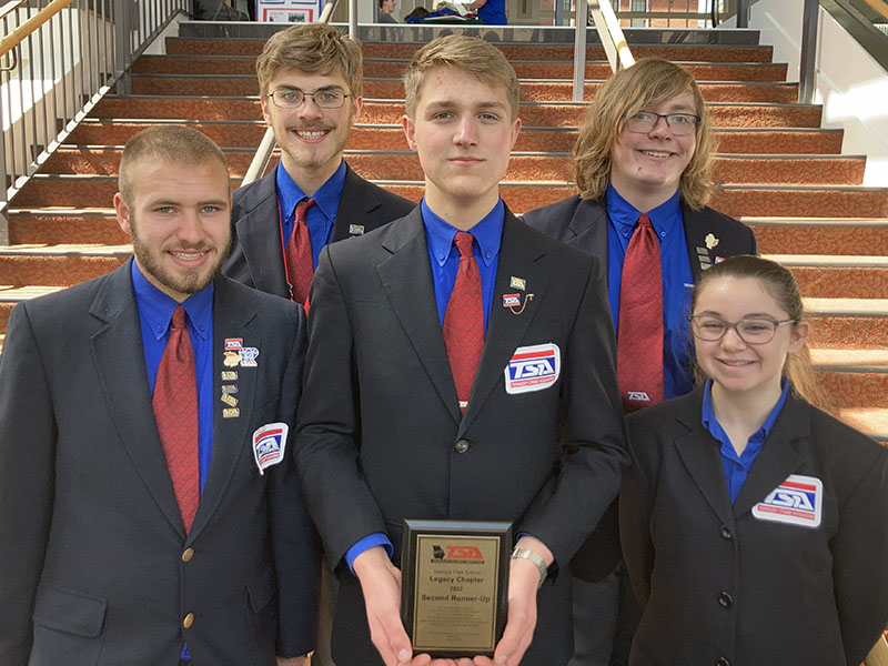 Fannin County High School Technology Student Association (TSA) earned recognition as the third place chapter in Leap Legacy, where the chapter demonstrated all of their accomplishments throughout the school year. Shown are, from left, front row, Sam Jabaley, Bryce Ware and Emma Pittman; and back row, James Kyle and Logan Martin.