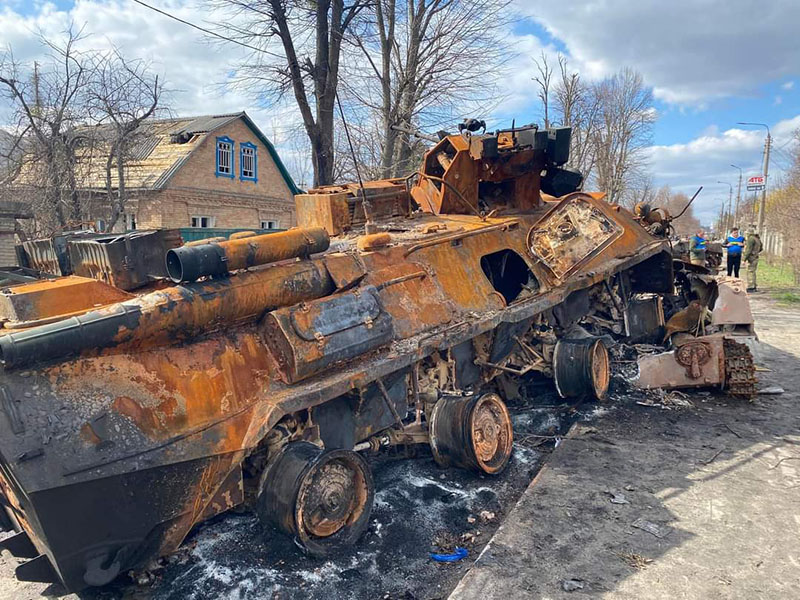 A Russian tank sits destroyed by a rocket propelled grenade on a street in Mariupol. After Bob Renneke left Ukraine, the city was completely shut down after Russian forces took control of the area.