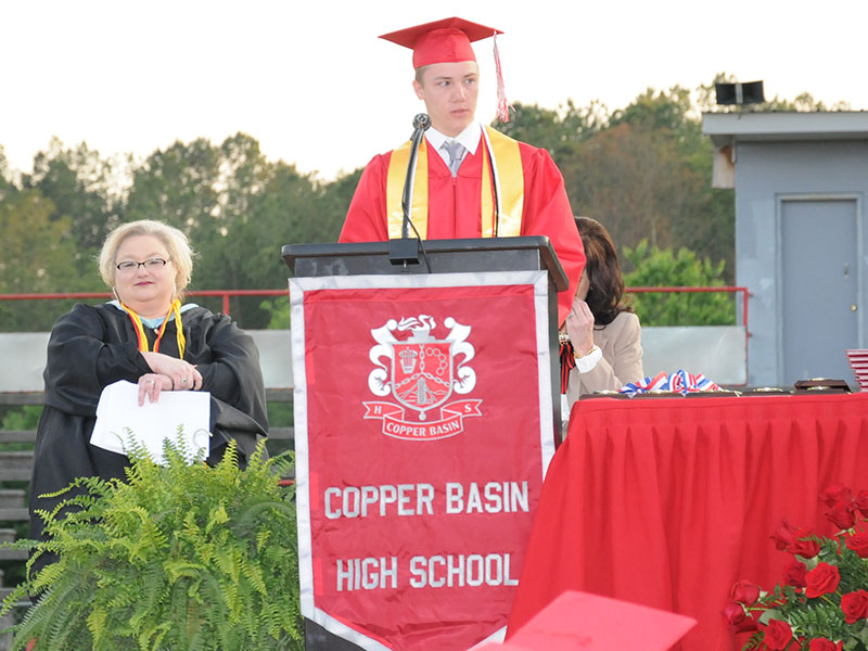 Carson Fowler delivered the Valedictory Address at Copper Basin High School’s graduation ceremonies for the Class of 2022 Friday night, May 20, on the high school football field.