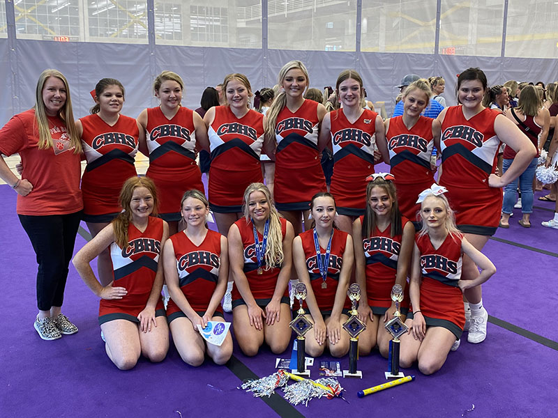 The Copper Basin High School Cheer Squad returned from camp with a host of awards. Cheer squad members include, from left, front, Peyton Williamson, Krystin Kraft, Destiny Pittman, Maddie Cribbs, Taylee Hall, Emily Miller, and back, Coach Amber Grabowski, Nicole Marrie, Kenzlie Ballew, Claire Ledford, Sapporiah Ross, Peyton Grabowski, Riley Hall and Ella Nicholson.