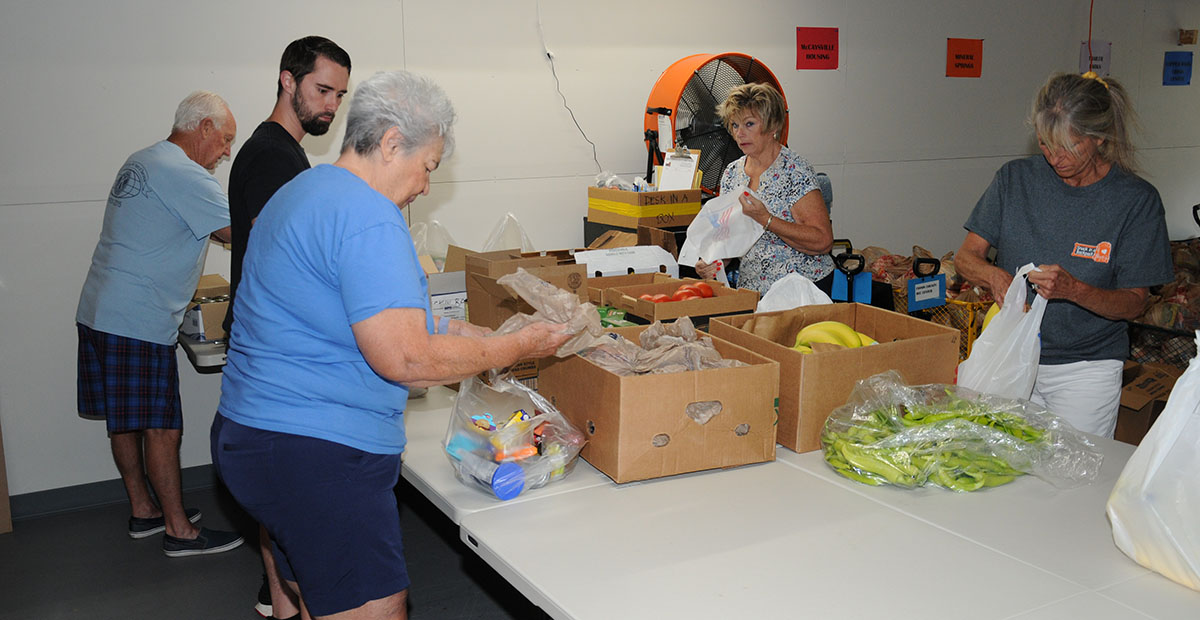 aThe Fresh Produce and Family Meal Packers of the Summer Food Program were all business last week as they went about their weekly volunteer effort. Members of this crew include, from left, Bill Echelberger, Zac Meaders, Ann Brayley, Carol Ross and Sherry Echelberger. They are part of the summer volunteer team that packs 750 bags for children and 160 for families every week. The packing is more than double what Snack in a Backpack does every week during the school year. 