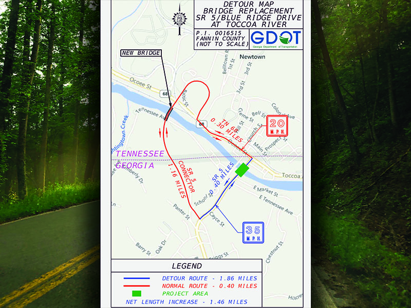 This Georgia Department of Transportation map, recently sent to Fannin County Commission Chairman Jamie Hensley, shows a detour route for the replacement of the William T. “Boss” Mull Memorial Bridge. The detour would use the bridge and McCaysville bypass, which still have to be constructed.