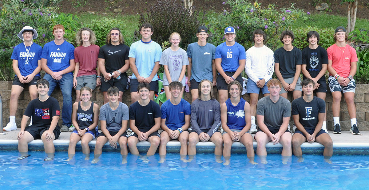 The Fannin County student athletes who were baptized by Matt Queen, North Central director for the Fellowship of Christian Athletes (FCA), Tuesday, September 6, are shown, from left, front, Graham Maloof, Annaleigh Cheatham, Braxton Cheatham, Vince Foster, Braden Taylor, Carson Callihan, Lawson Sullivan, Jeremy Tammen and Bryson Holloway.
