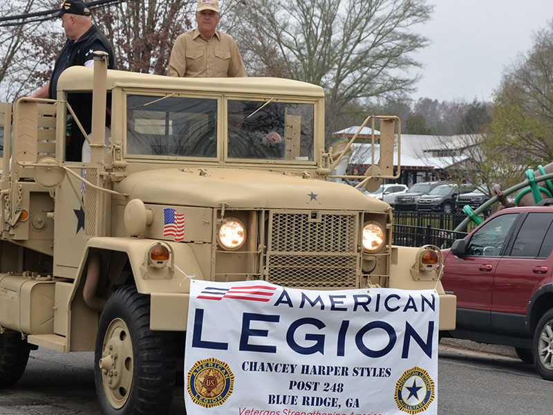 Prior to the annual ceremony commemorating Veterans Day in the Fannin County Veterans Memorial Park, the traditional parade was held through downtown Blue Ridge. Among the participants was this American Legion entry.