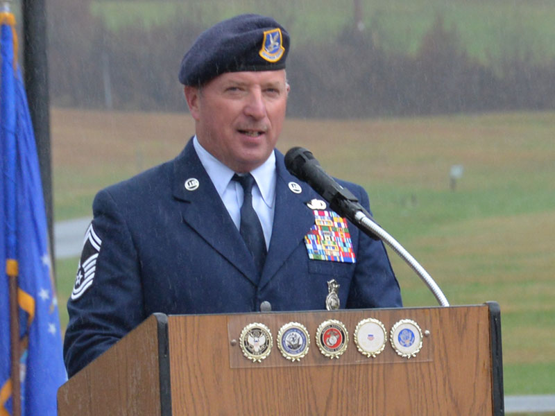 Senior Master Sergeant (retired) Harold Bargeron quoted Ronald Reagan saying, “Freedom is never more than one generation away from extinction” during the Veterans Day ceremony Saturday as the rain fell in Blue Ridge.