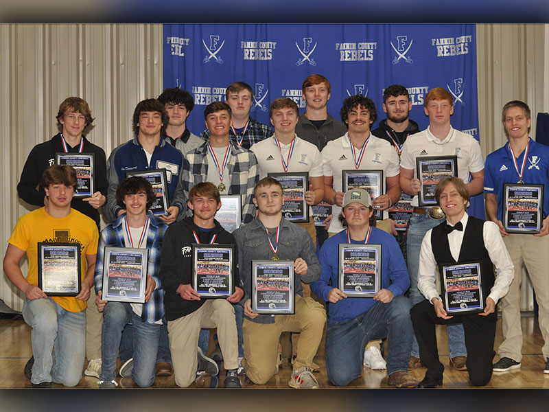 The Fannin County Rebels football seniors were recognized at their banquet Wednesday, January 11. Shown are, from left, front row, Matthew Crowder, Clay Heaton, Nate Smith, Bryan Stiles, Bohn Postell and Taylor Collis; middle row, Jack Kantner, Corbin Davenport, Bryson Holloway, Cade Sands, Andrew Waldrep, Jeremy Tammen and Carson Collis; back row, Nate Maloof, Slade Epperson, JoJo Annis and Logan Long.