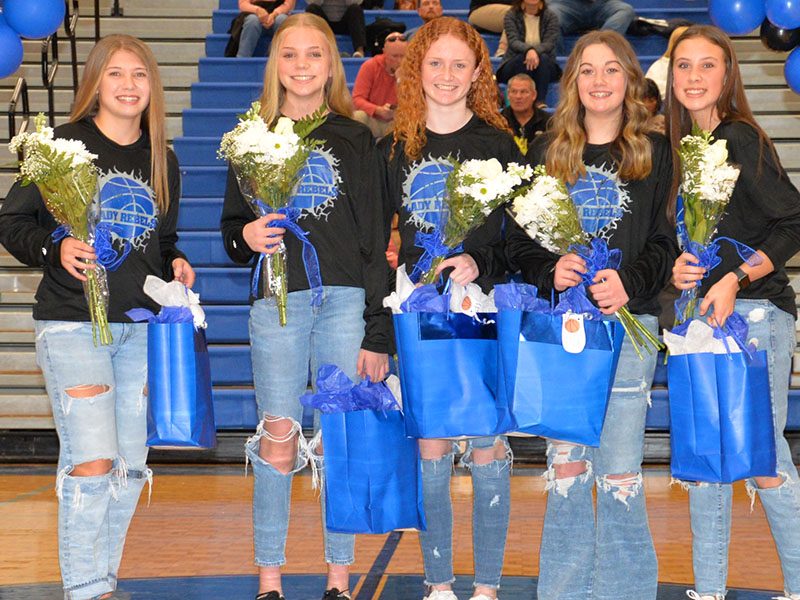 The 8th grade Lady Rebels were recognized at halftime of the varsity Fannin County High School Lady Rebels basketball game Friday, January 20. Both the 7th and 8th grade teams won their MAC Championship last week. Shown are, from left, Izzy Jabaley, Jace Sanderson, Albany Cole, Elizabeth Powell and Myla Rogers.