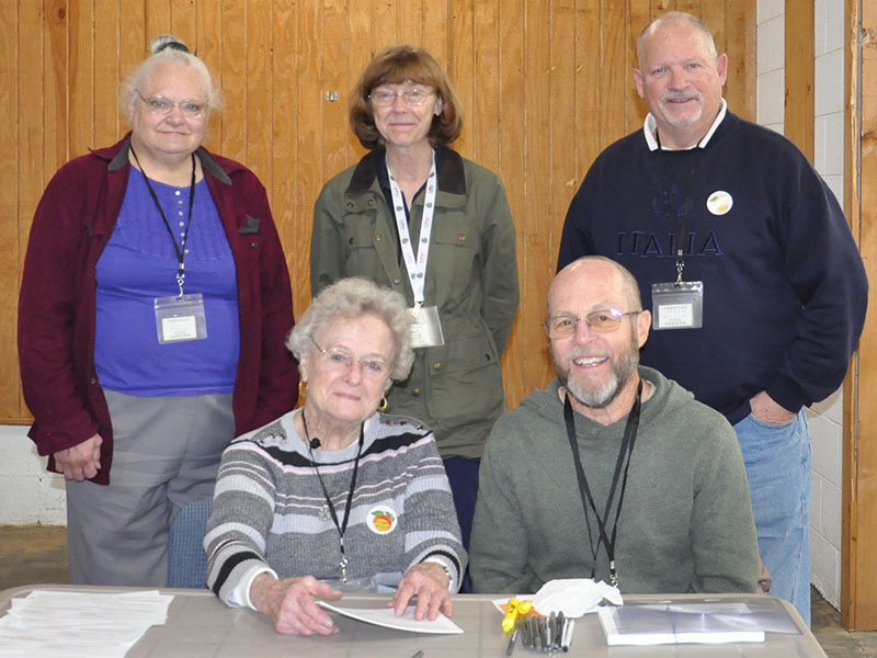 Pictured are volunteers for the Colwell voting Precinct as they gather with Anne Bailey during last Tuesday’s Special Runoff Election. Pictured from left are, back row, Sharon Edward, Susan Loring, and Kevin Ottman; and, in front, Bailey and Dan Mahoney.