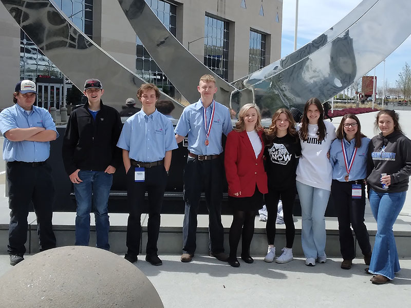 These students from the SkillsUSA chapter at Fannin County High School attended the State Leadership and Skills Conference in Atlanta. From left are, Luke Pelfrey, Jacob Williams, Daniel Gibson, Dane Robbins, Brooklyn Henderson, Emmaline Cochran, Bailee Stiles, Emma Pittman, and Chelsey Frye.
