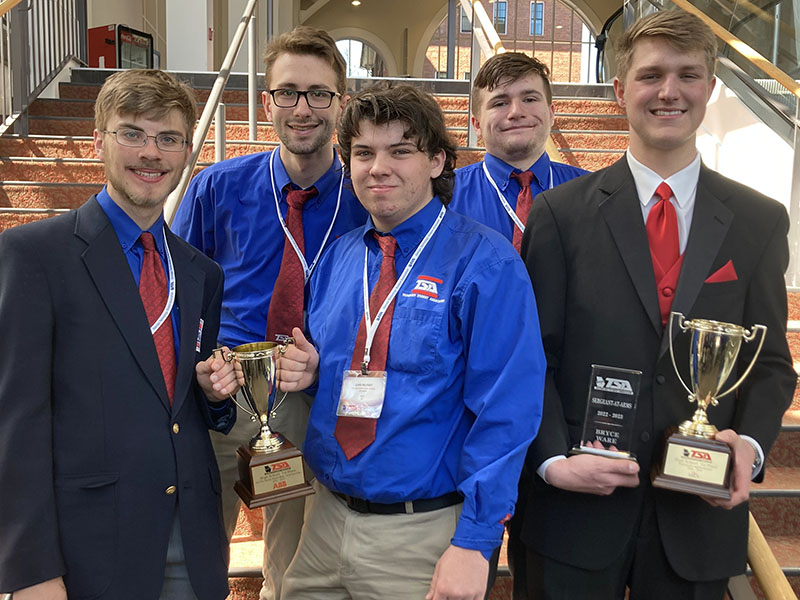 Fannin County High School students shown with their first place trophies are, from left, James Kyle, Tyler Ensley, Luke Pelfrey, Devyn, Caruthers, and Bryce Ware.