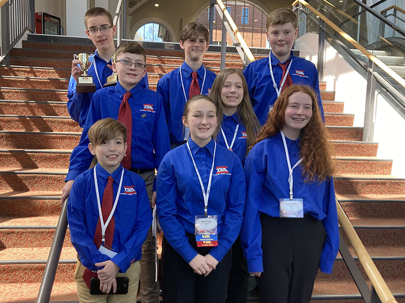 The Technology Students of America team from Fannin County Middle School have returned from a successful trip to the State Conference in Athens. Shown are, from left, front, Will Hood, Katelyn Clark, and Alexa Hawkins; second row, Ashton Carder, and Lyla Strange; and, third row, James Burrell, Sawyer White, and Aric Carder.