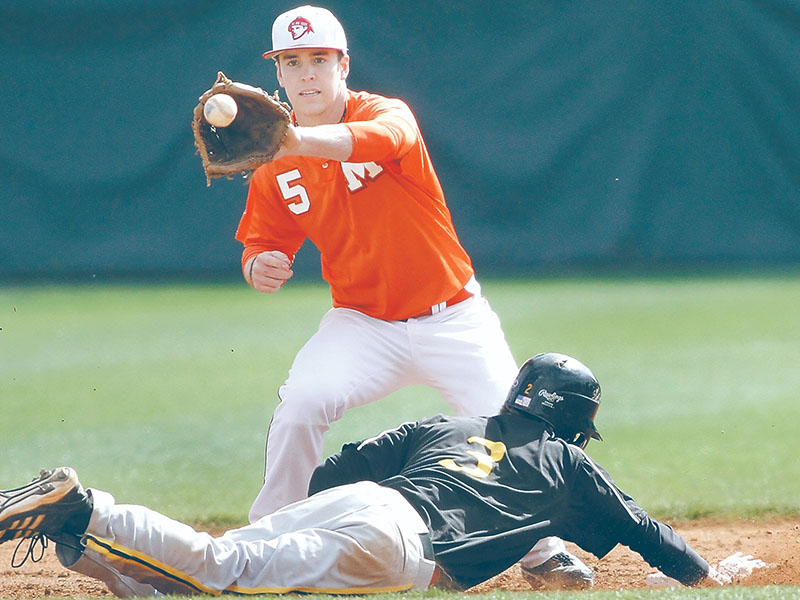 Nick Dean takes the throw at second base on a pick-off attempt of Centre College’s Forrest Goodwin during the fourth inning.