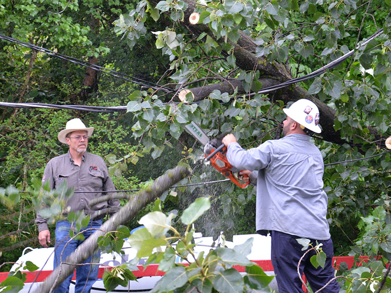 Travis Sisson cuts part of a tree away from the Pick Quick market in McCaysville so power can be restored to the business.