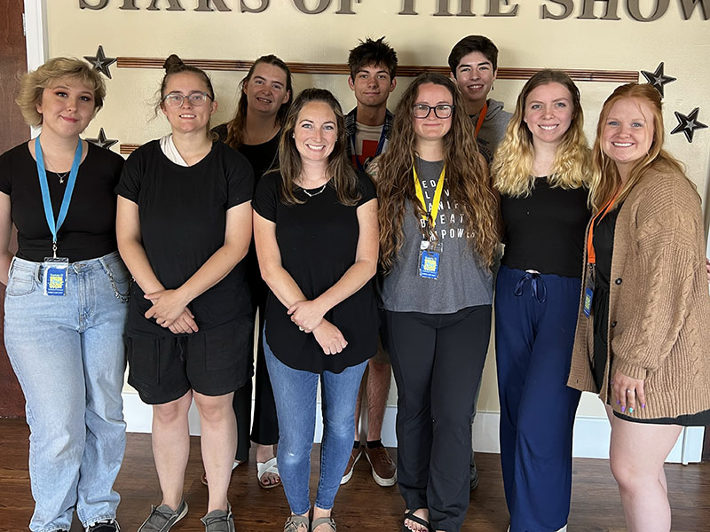 Sunny D camp veterans helping with this year’s camp and productions are, from left, front, Arwyn Jones, Sarah Creed, Erica Sanders, Sarah Shelton, Courtnee Tabacchi and Sophie Burnette; and, back, Faith Mann, Garrison Hamm and Lilybet Jones.