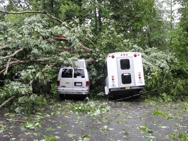 Both vans used by Mineral Springs Center to transport clients were destroyed when a large White Oak fell on them during the severe storm June 25. Center officials are asking the public’s help in raising money to cover the cost of replacing the vehicles. Insurance will only pay about 30%.