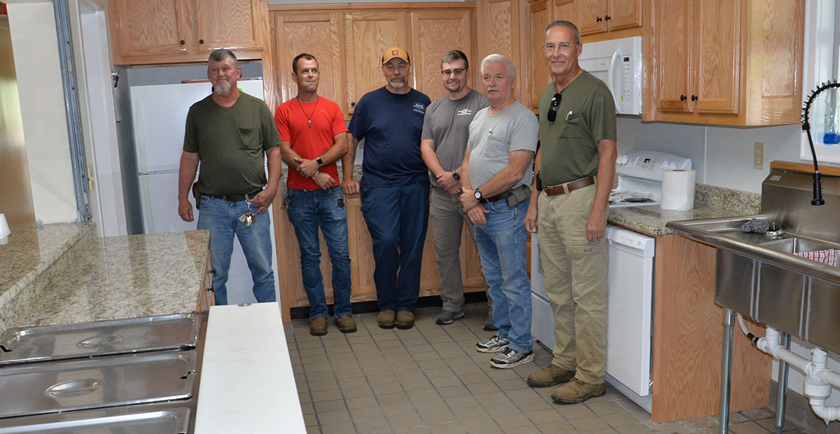David Miller, Brandon Miller, Terry Ross, Caleb Collins, Ed Hawkins, and John Newton of Fannin County’s Maintenance Department are shown in the Senior Center’s freshly remodeled kitchen. The crew is responsible for the improvements made to the building since it flooded Christmas Eve 2022.