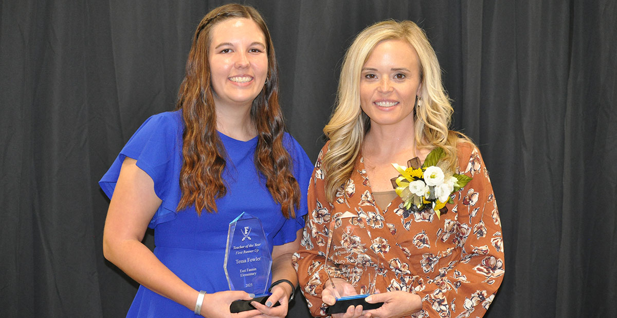 Katy Roberson, right, a first grade teacher at West Fannin Elementary School, was named as Fannin County’s Teacher of the Year at the annual banquet honored the top educators October 3 at the Fannin County Agriculture Center.  Teacher of the Year runner up, Tessa Fowler, left, is a pre-K teacher at East Fannin Elementary School 