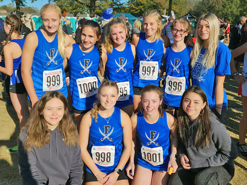 The Lady Rebels finished fifth in Georgia in the Cross Country State Championships held this past Saturday in Carrollton. Shown are, from left, front row, Jaclyn Cracknell, Shaylee Jones, Olivia Temples, and Kristin Cipich; and, back, Kensley Picklesimer, Karli Sams, Annaleigh Cheatham, Lindsey Holloway, Sydney Ford, and Makaylee Clore.