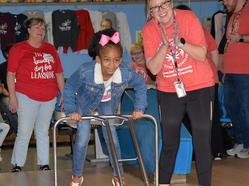 Gigi Gaulden from West Fannin Elementary is filled with excitement as she watches closely as her bowling ball makes its way down the alley.