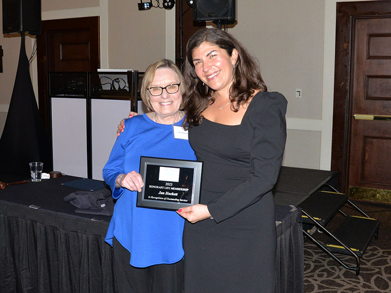 Jan Hackett, left, was presented an Honorary Life Membership by Chamber President Christie Gribble.