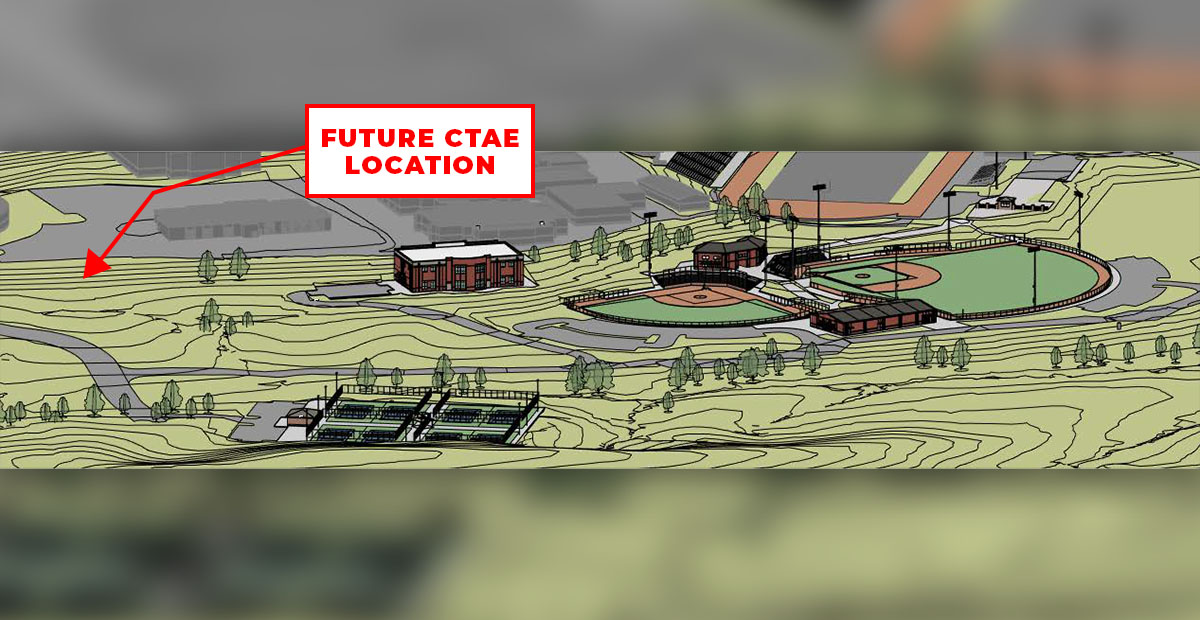 This is an architectural rendering of the plans for Phase 2 at Fannin County High School. Shown are the ball fields and associated facilities, tennis courts, and the new annex building, which is in the center. Also indicated is the next step, Phase 3, the new Career, Technical and Agricultural Education (CTAE) building.