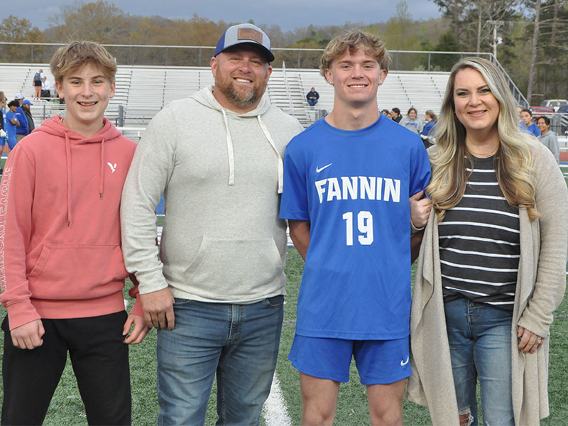 Blake Summers was recognized on Senior Night at Fannin County High School Friday evening, April 12. Shown with Summers are his father and mother, Trent Summers and Whitney Summers along with his brother. 