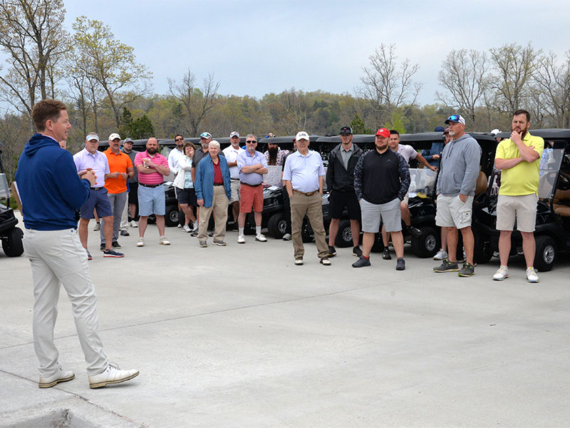 Wesley Buchanan of Old Toccoa Farm kicked off the Corporal Richard Gazaway Memorial Golf Tournament by going over the rules for the golfers gathered last Tuesday morning. Over 100 golfers took part in the annual event.